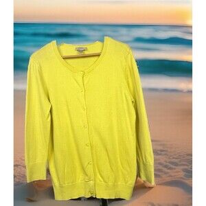 Loft Sweater Cardigan Button Up Long Sleeve Ribbed Hem Yellow Cotton Medium Twee